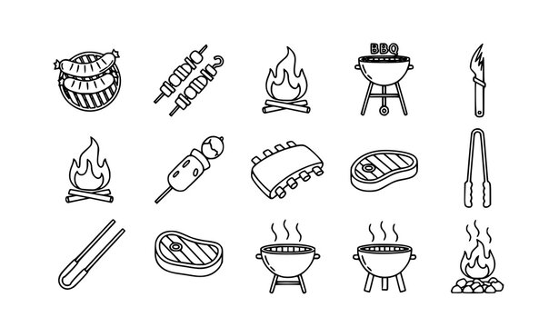 Grill outline icon set with sausage kebab BBQ fire and barbecue cooking elements for restaurant and food design