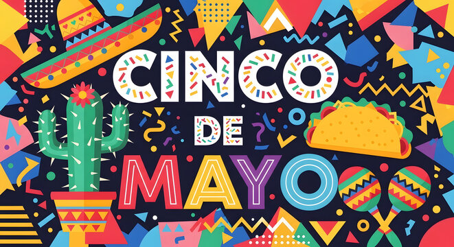 Cinco de mayo celebration banner with colorful cactus sombrero taco and maracas background