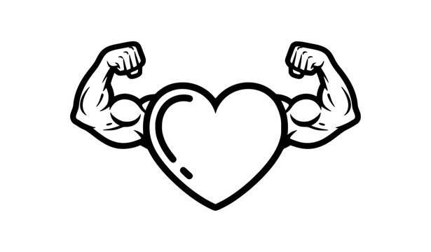 Bold heart muscle icon symbol with flexing arms fitness strength and health motivation vector design