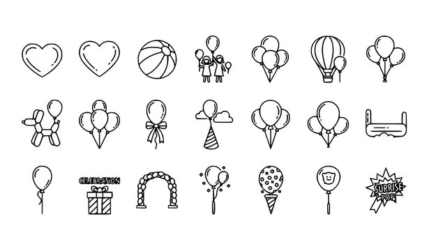 Modern balloon icon collection with heart balloons beach ball family and party celebration elements in outline style