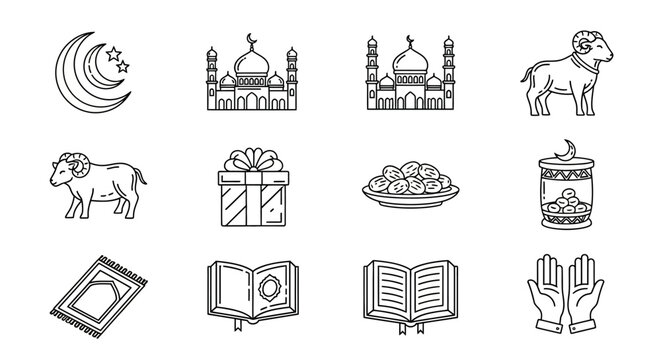 Eid Mubarak Muslim Festival Icons Set.