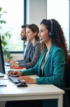 Customer service agents wearing headsets work at computers in bright call center. Smiling diverse team members assist clients with online support, consultations. Use technology for effective