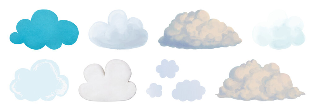 PNG Whimsical watercolor cloud illustrations on transparent background