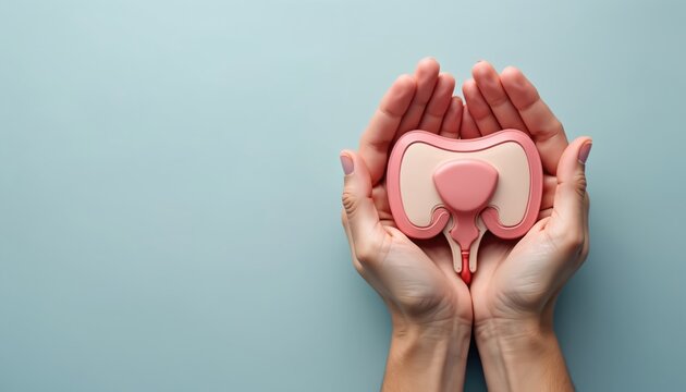 Hands gently cradle a model of the bladder and urinary tract. Symbolizes health, care, and potential medical conditions affecting this organ system.