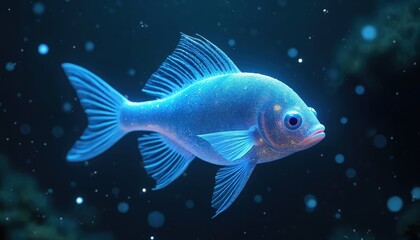 Fototapeta premium Blue luminescent fish swims in dark deep ocean. Translucent fins glow with bioluminescent body. Tiny light particles drift around aquatic creature in deep sea environment.