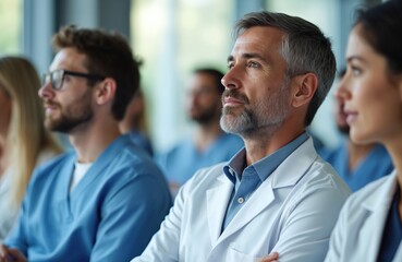 Fototapeta premium Healthcare professionals attend medical seminar. Doctors and nurses listen intently during presentation. Diverse team learns about new research and treatment methods.