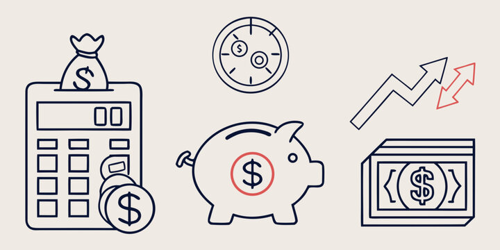 Financial and symbols for business and money finance calculator piggy bank