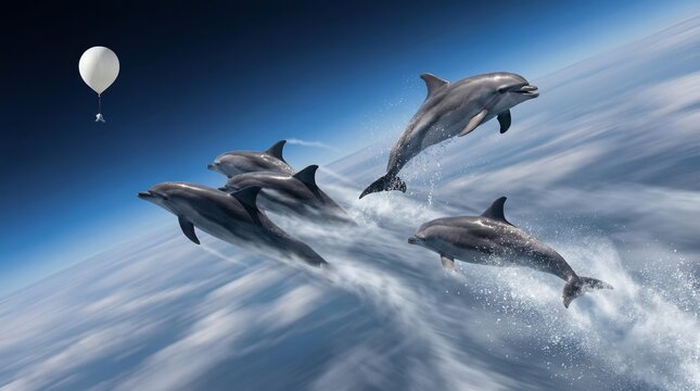 Dolphins swimming and leaping through a surreal atmospheric cloudscape, with a small individual in a gondola hanging from a weather balloon observing the fantastical scene
