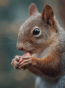 Close-up of a red squirrel holding and eating a nut with its paws