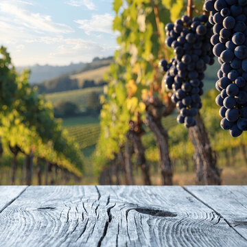 Ripe Red Grapes in Sunlit Vineyard with Rustic Wooden Table &ndash; Wine Country Landscape Photography.