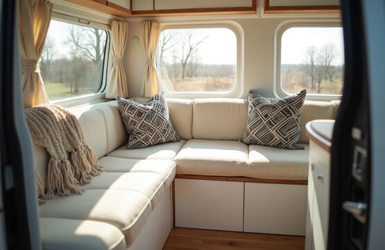 Comfortable white sofa with patterned pillows and knit blanket inside a modern camper van. Large windows show trees and fields. Road trip interior living space.