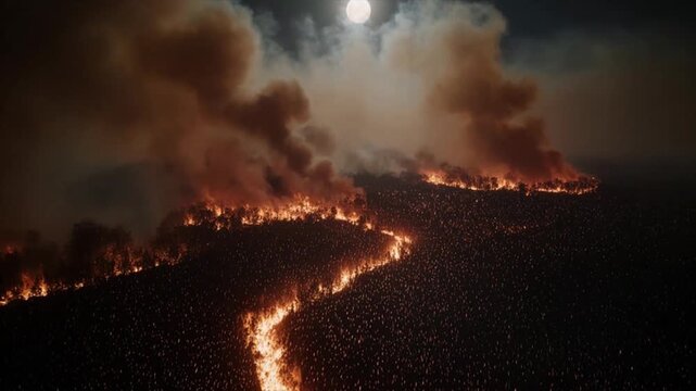 夜の山火事・上空から見る無数の火の粉が舞い上がる圧倒的スケール空撮映像