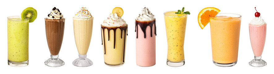 Obraz premium PNG Colorful array of delicious milkshakes on transparent background