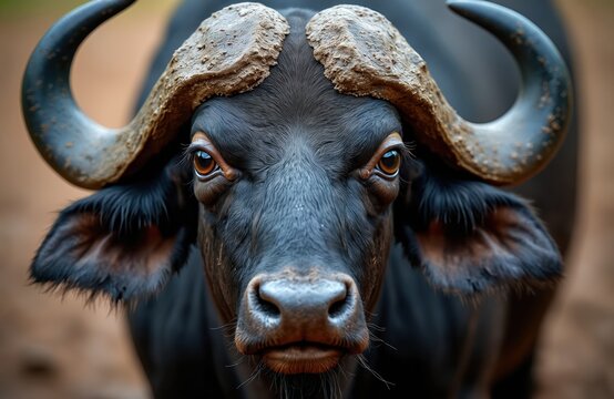 Buffalo bull with mud-caked horns stares intently. Its powerful head and piercing eyes convey raw, untamed nature. African wildlife, close up, wild animal portrait.