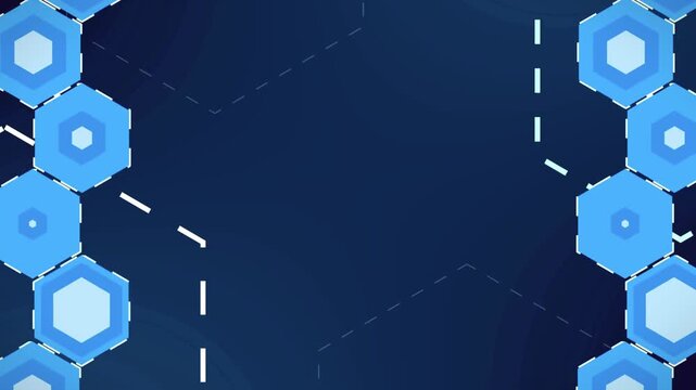 Blue technology background with digital hexagon elements and moving dashed lines in a loop.