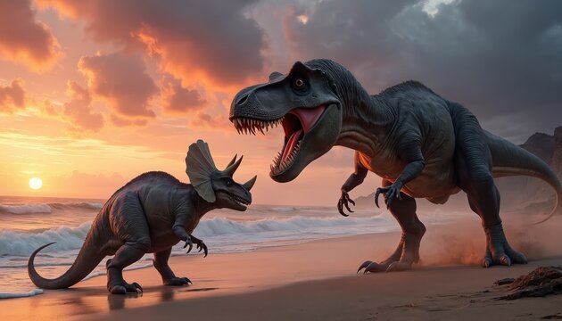 Two dinosaurs, Tyrannosaurus Rex, Triceratops, confront on sandy beach during dramatic sunset. Waves crash gently on shore as sky glows with orange, pink hues. Scene prehistoric confrontation.