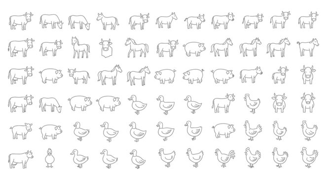 Variety of farm animals line art.
