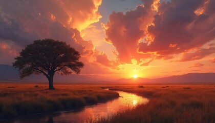 Naklejka premium Sunset sky with vibrant clouds over savanna landscape. Lonely tree stands by winding river reflecting golden light. Warm orange glow on horizon, mountains afar, dry grass field.