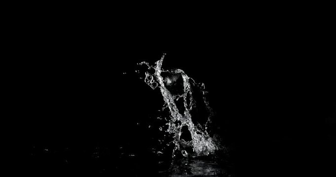 Super slow motion (1000 fps) vertical water splash with dynamic upward motion, isolated on black background. Clean liquid effect with droplets, ideal VFX overlay for product scenes.