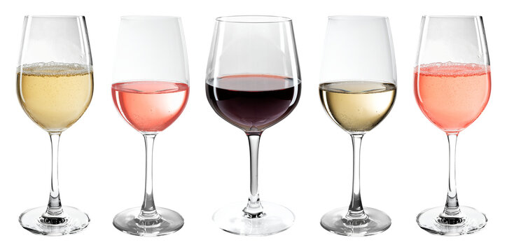 PNG Five glasses showcasing wine varieties on transparent background