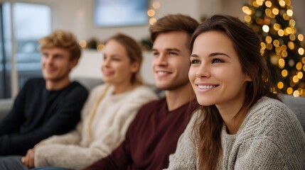 Fototapeta premium Three young adults relax together on a sofa enjoying the warm festive atmosphere in their decorated living room