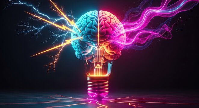 A glowing lightbulb with a brain and skull emits colorful lightning bolts in a dark room.