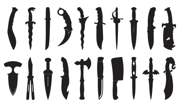 Tactical knife silhouettes set, 20 combat blade and cold weapon icons, black steel dagger and hunting knife vector collection for gaming and military design