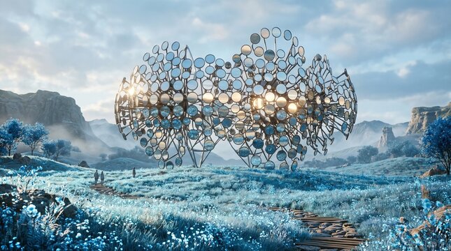 Abstract sculpture featuring numerous round mirrors reflecting light, standing on a rolling blue floral meadow with a stone path, distant mountains and a person walking towards a surreal destination