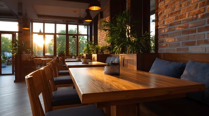 Fototapeta premium A warm contemporary restaurant interior bathed in golden sunset light featuring natural wood brick textures and lush plant life