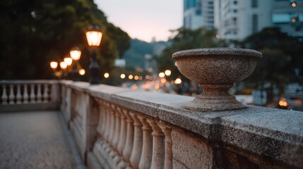 Obraz premium A tranquil view featuring a weathered stone balustrade and ornamental vase set against a softly glowing urban twilight backdrop