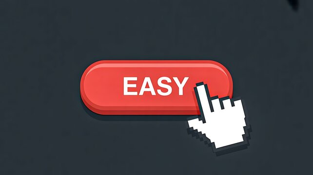 Easy button click concept with cursor hand icon on red interface design for user friendly digital interaction

