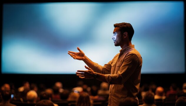 Personcentered medium shot showing adjustments of subtitle size and positioning on a digital screen background stage lights and audience gently out of focus.