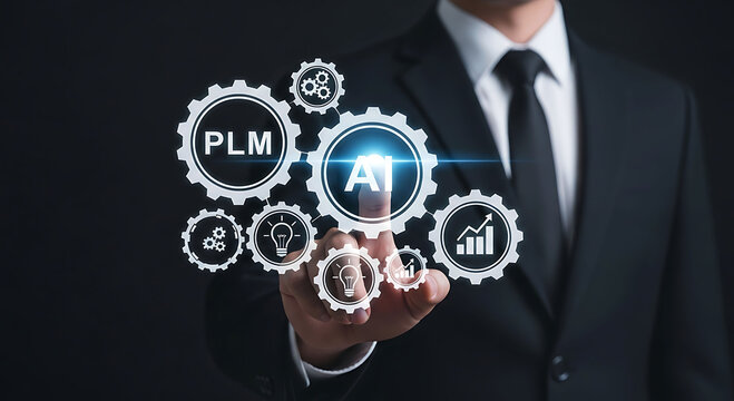 Business Professional Pointing at AI and PLM Integration Concept for Industry 4.0