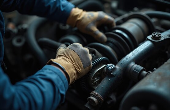 Mechanic in gloves repairs car suspension system. Hands adjust coilover shock absorber assembly in dark auto workshop. Focus on vehicle part maintenance and repair.