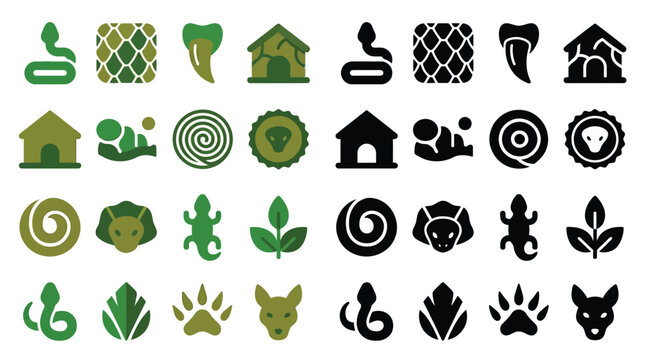 Collection of stylized icons representing animals, nature, and related elements in green and black color schemes.