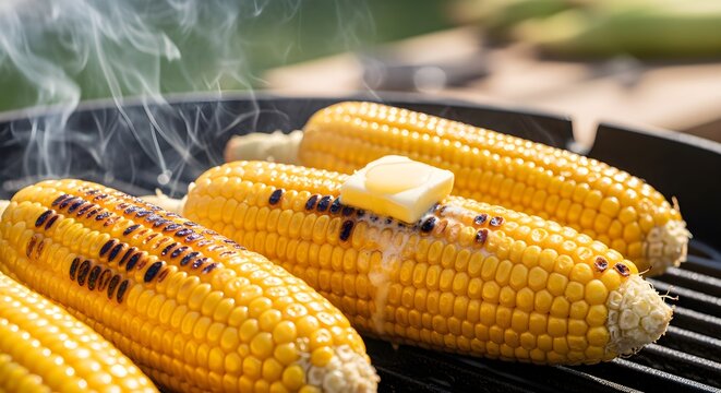 A summer barbecue with corn on the cob grilling, butter melting and kernels charring.