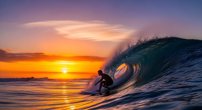 A surfer catching a wave at sunrise, silhouetted against the colorful sky.