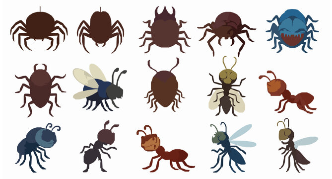 Funny evil cartoon bugs vector set creepy insect characters isolated on white background