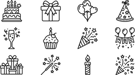 Fototapeta premium A collection of black and white line drawings celebrating a birthday with various festive icons