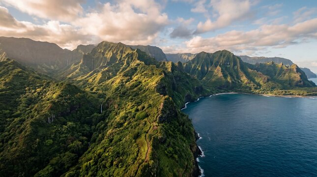 Aerial view of lush green Na Pali coast mountains in Kauai, Hawaii at sunset
