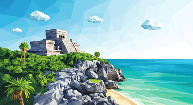 Mayan Ruins Tulum Mexico Geometric Low Poly Style Beach Ocean