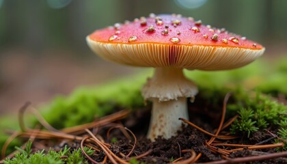 Fototapeta premium Red mushroom with white gills grows on forest floor. Water droplets on bright cap. Moss and pine needles surround stem. Wild fungus detail shot in nature.