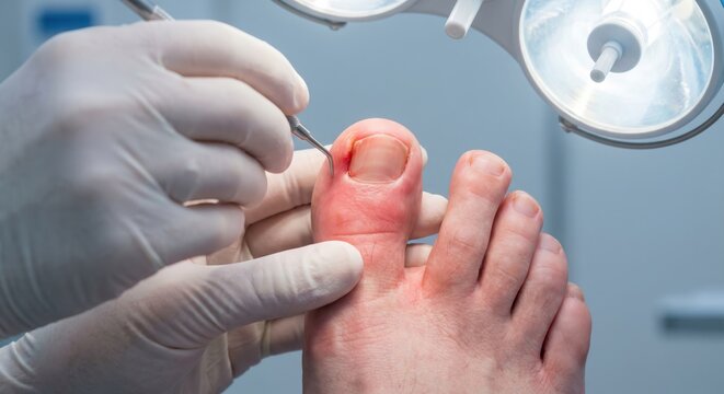 Podiatrist inspecting inflamed ingrown toenail under medical lamp