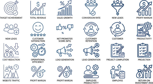 A collection of business icons representing various aspects of company performance and growth