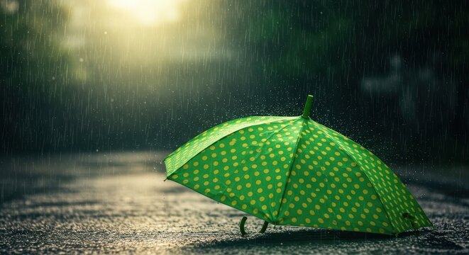 A vibrant green and yellow polka dot umbrella protects from the heavy downpour, creating a cheerful splash of color on a dreary rainy day, cheerful, happy, downpour