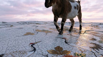 Fototapeta premium Goat walking on a cracked ceramic surface featuring cranes and foliage motifs under a pastel sunrise sky, representing a collision of nature and art in an unexpected setting