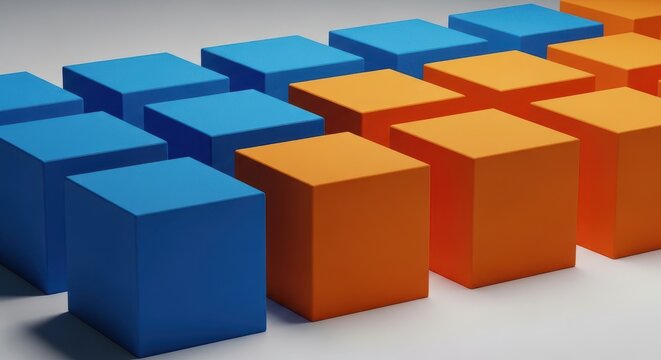 Abstract geometric blocks in identical size and color perfectly aligned showing concepts of parity and balance and uniformity, multiple, equivalent, measurement