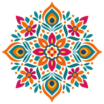 Colorful Floral Kolam Pattern with Symmetrical Mandala Design, Traditional Indian Rangoli Art