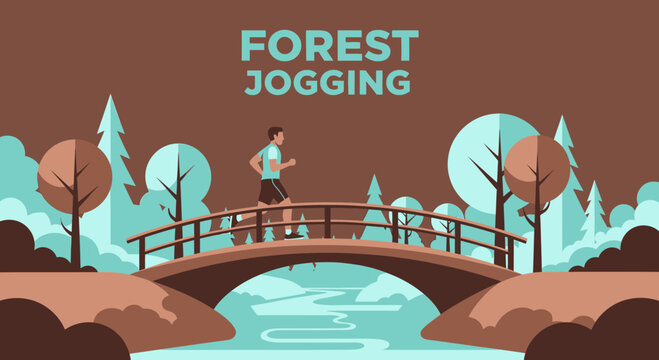 Forest Running: A Scenic Illustration of Jogging on a Wooden Bridge in Nature