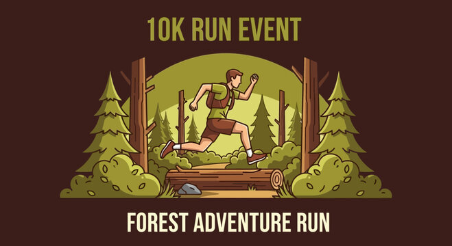 Forest Trail 10K Adventure Run Illustration Featuring a Runner in a Natural Setting